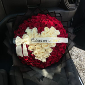 75 Red Roses Bouquet with Heart-Shaped Off-White Roses