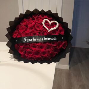 Heartfelt Love 50 Roses with Baby’s Breath Heart & Personalized Ribbon