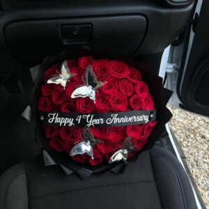 Silver Elegance 50 Red Roses with Silver Butterfly Accents