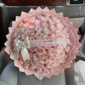 Timeless Elegance 75 Soft Pink & Cream Roses with Personalized Ribbon