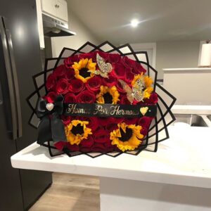 Sunflower Bliss 50 Roses with Sunflowers, Gold Butterflies & Personalized Ribbon