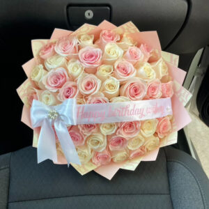 Pretty in Pink 50 Rose Bouquet with Bow & Custom Ribbon