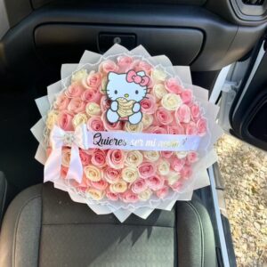 Hello Kitty Elegance 75 Pink & Off White Roses with Personalized Ribbon