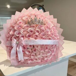 Royal Elegance 100 Pink Roses with Beautiful Crown and Personalized Ribbon